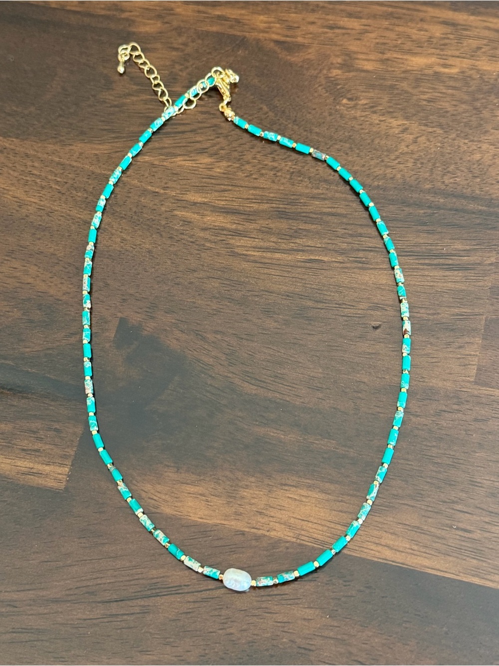 Gold and Turquoise Beaded Necklace with White Pearl Accent